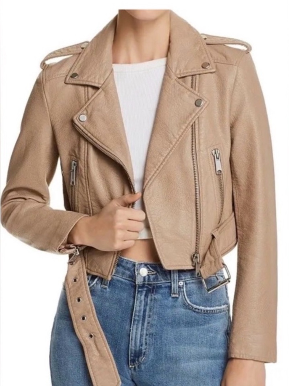 Tan Pistola Cropped Faux Leather Moto Jacket